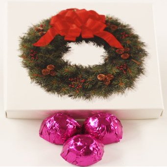 Scott's Cakes Dark Chocolate Peanut Butter Truffle Cream Filling Candies with Fucshia Foils in a 1 Pound Wreath Box