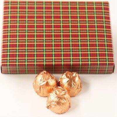 Scott's Cakes Dark Chocolate Peanut Butter Truffle Cream Filling Candies with Peach Foils in a 1 Pound Christmas Plaid Box