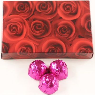 Scott's Cakes Dark Chocolate Peanut Butter Truffle Cream Filling Candies with Fucshia Foils in a 1 Pound Red Roses Box