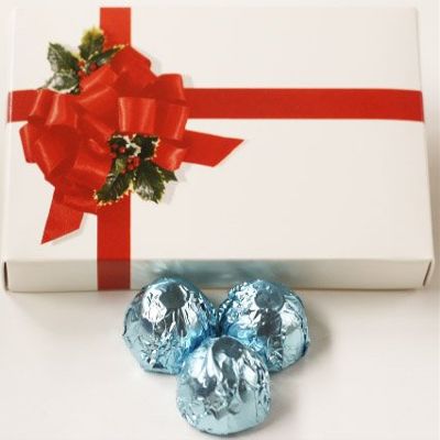 Scott's Cakes Milk Chocolate Peanut Butter Truffle Cream Filling Candies with Light Blue Foils in a 1 Pound Ribbon-n-Holly Box