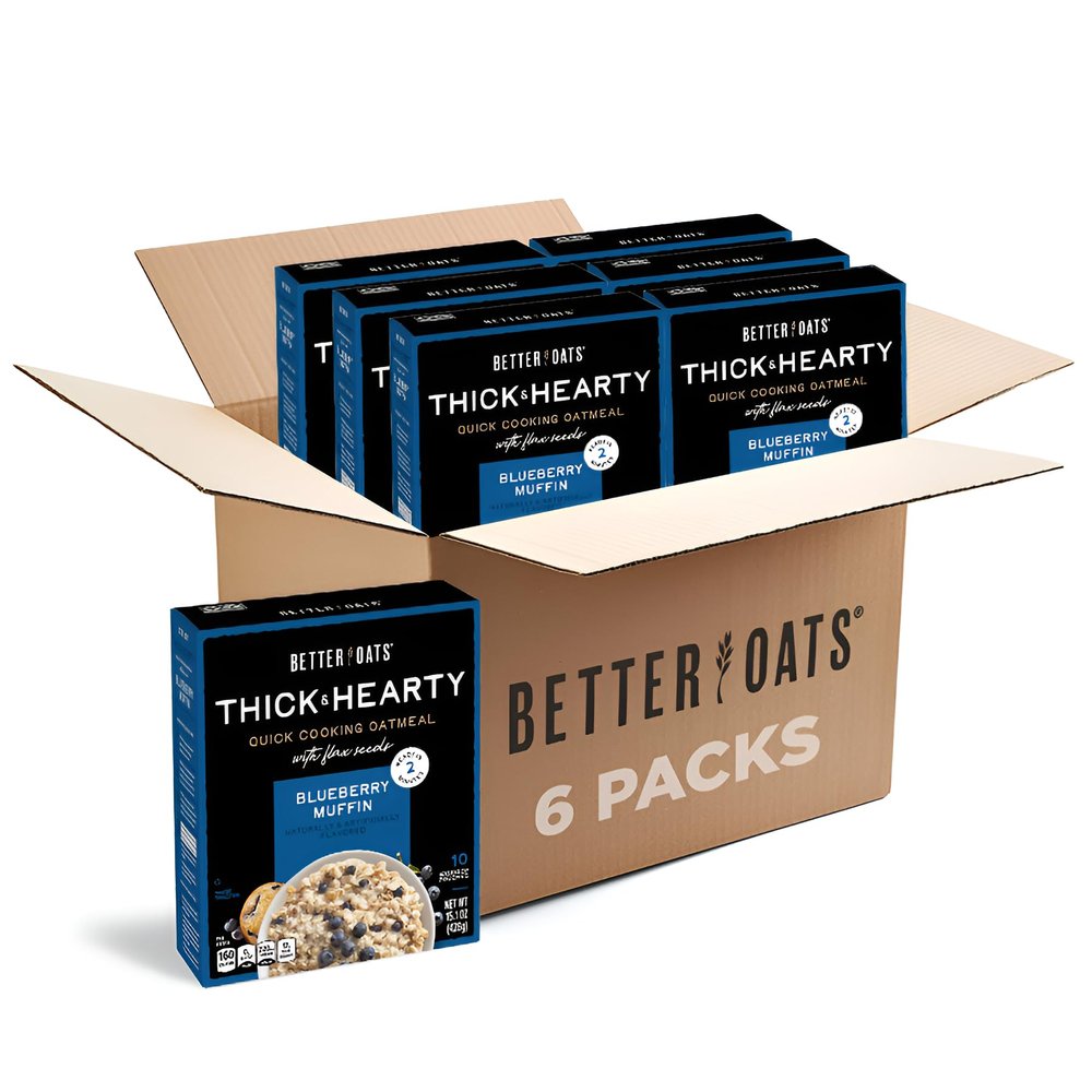 Better Oats Thick & Hearty Instant Oatmeal Packets, Blueberry Muffin Flavor with Flax Seeds and Whole Grains, Quick-Cooking Breakfast, Kosher, 15.1 oz Box (Pack of 1)