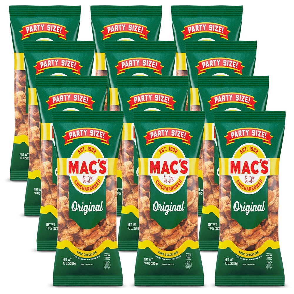 Mac's Original Cracklins Zero Carb Pork Rind Snacks, 4 Pack of 10 Oz. Bags (10 Ounce, Pack of 12)