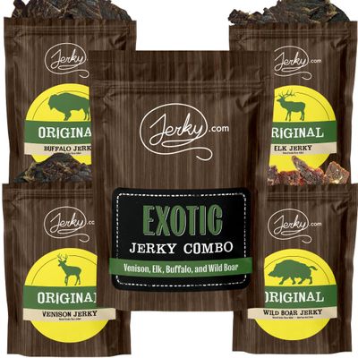 Jerky.com Exotic Jerky Variety Pack | 100% Wild Game Meats Snack Buffalo, Wild Boar, Elk, & Venison Jerky | All-Natural, High Protein, No MSG Unique Christmas Gifts for men for Men, Hunters, Keto Snacks 7 oz