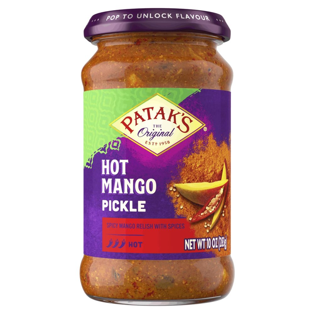 Pataks Hot Mango Pickle - Authentic Indian Relish w/Mango Chunks, Mustard Seeds & Aromatic Spices  Perfect for Sandwiches, Salads & Cold Meats - Vegan Spicy Pickle - 10oz Jar (Pack of 1)
