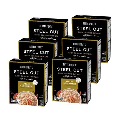 Better Oats Steel Cut Instant Oatmeal Packets, Apples and Cinnamon Flavor with Flax Seeds and Whole Grains, Quick-Cooking Breakfast, 12.3 OZ Box of 10 Pouches (Pack of 6)