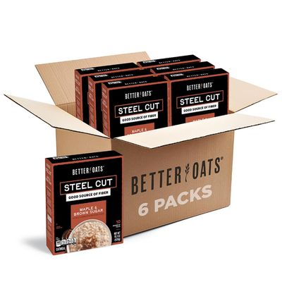 Better Oats Steel Cut Instant Oatmeal Packets, Maple and Brown Sugar Flavor with Flax Seeds, Quick-Cooking Breakfast, Box of 10 Pouches (Pack of 6)
