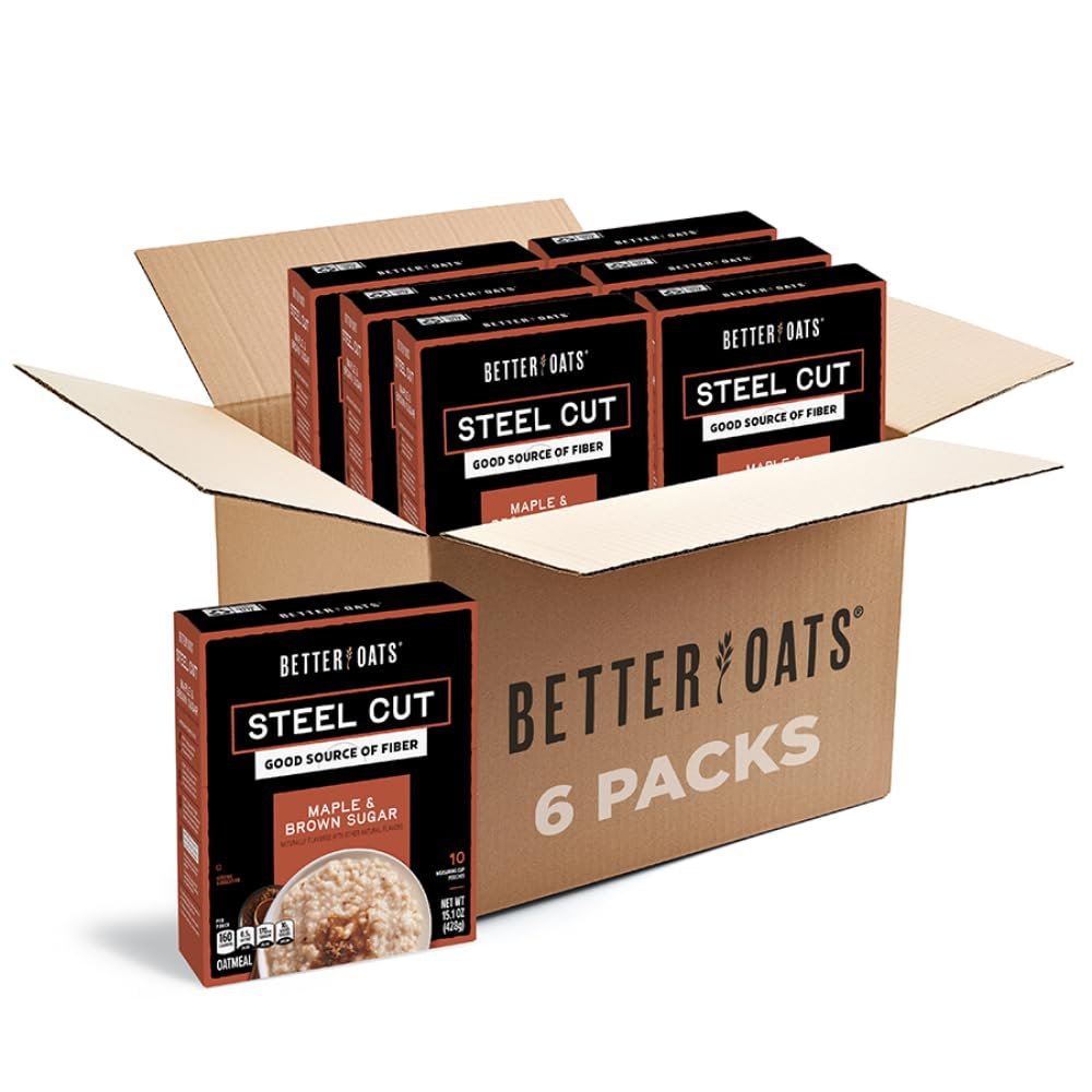 Better Oats Steel Cut Instant Oatmeal Packets, Maple and Brown Sugar Flavor with Flax Seeds, Quick-Cooking Breakfast, Box of 10 Pouches (Pack of 6)