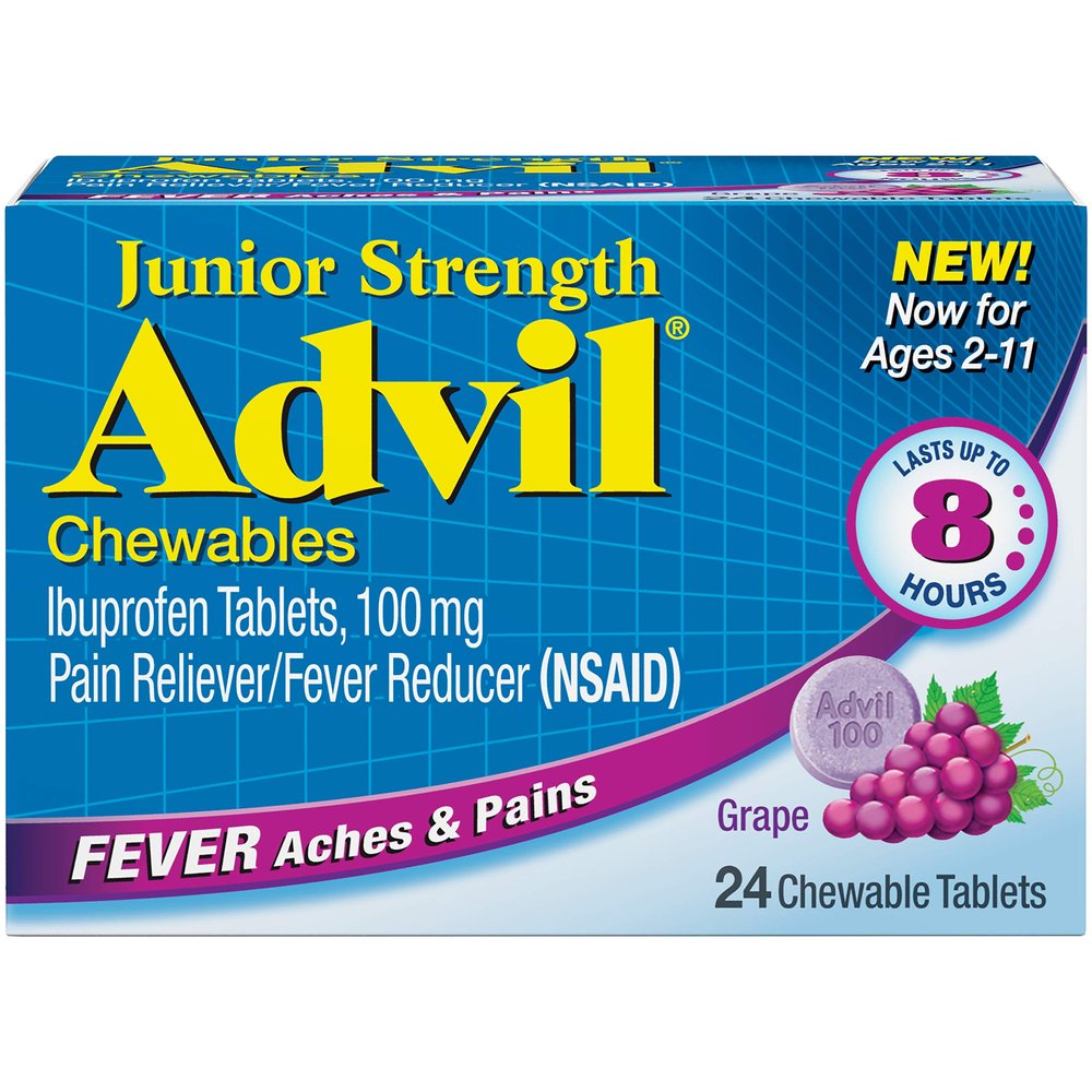 Advil Junior Chewable Ibuprofen Tablets, Grape 100mg, 24 Tablets Each (Pack of 6)