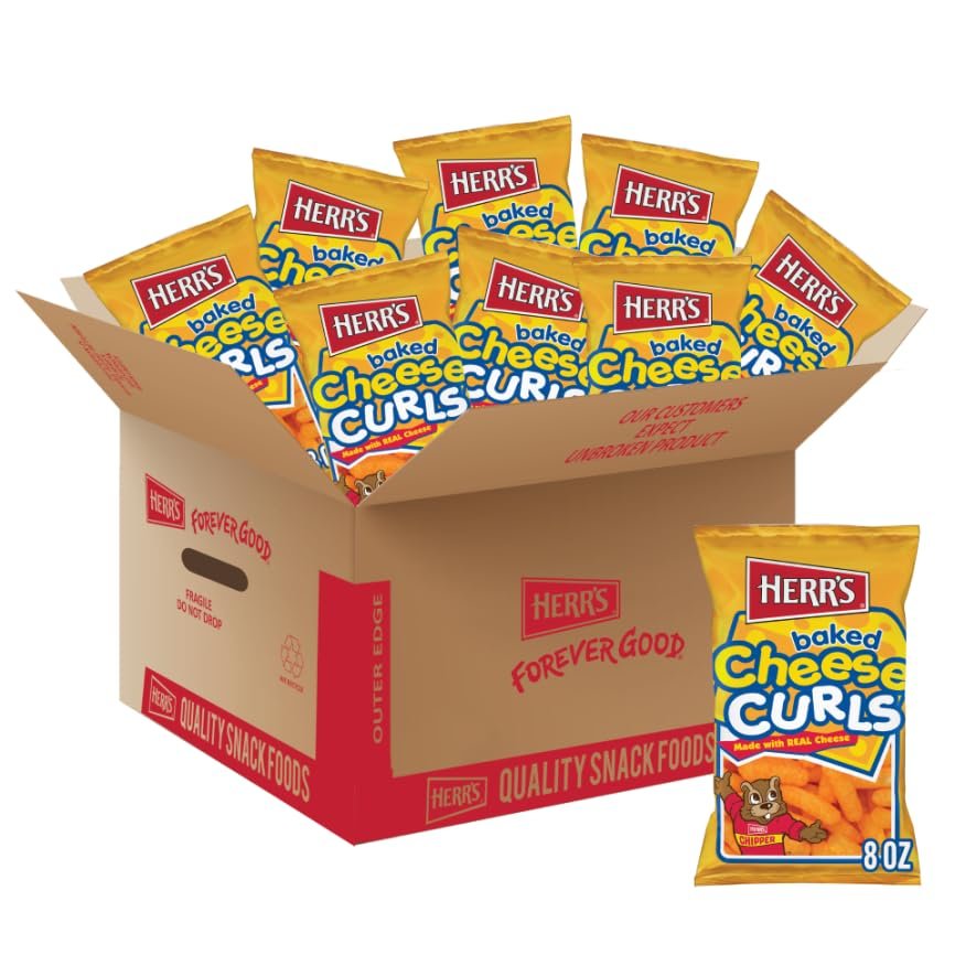 Herr's Baked Cheese Curls, 8 Ounce (Pack of 9 Bags)  Light and Crunchy Baked Cheese Curls  Perfect for a Lighter Cheesy Snack