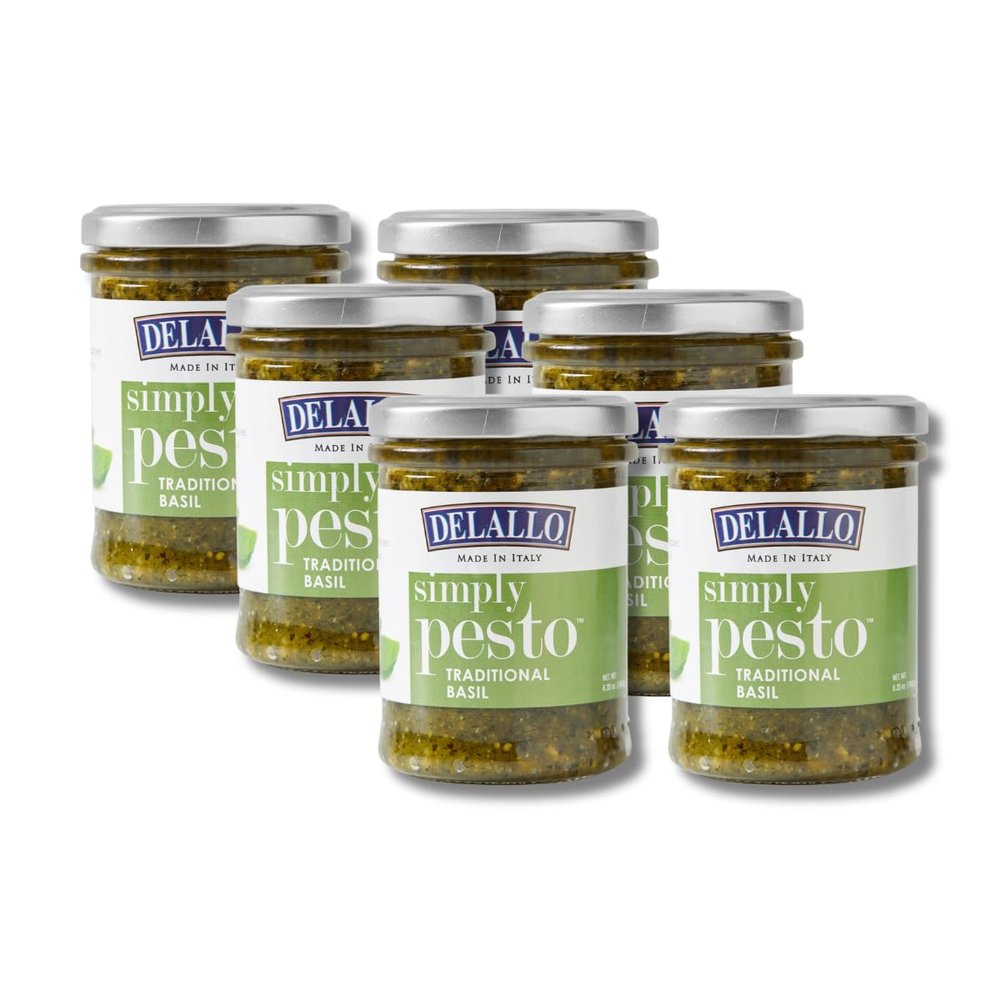 DeLallo Traditional Basil Pesto, Made in Italy, Gourmet Spread, Ready to Use Pasta Sauce, Made with Fresh Ligurian Basil, Olive Oil, Pine Nuts, and Parmesan Cheese, Non-GMO, All Natural, 6.35 oz Jar, (6 Pack)