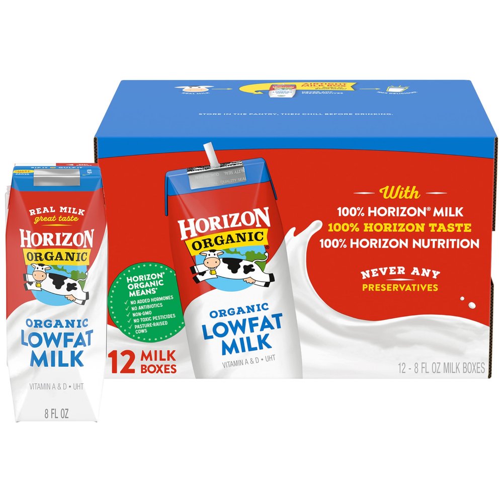 Horizon Organic Shelf Stable 1% Lowfat Milk Boxes, 8 fl oz, 12 Count - 8g Protein per Serving, USDA Organic, Ready to Drink for Lunchbox, Travel, or On-the-Go, No Refrigeration Needed