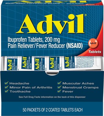 Advil Ibuprofen Tablets, 200 mg Pain Reliever/Fever Reducer (NSAID), 100 Tablets (50 Packets of 2 Tablets Each)