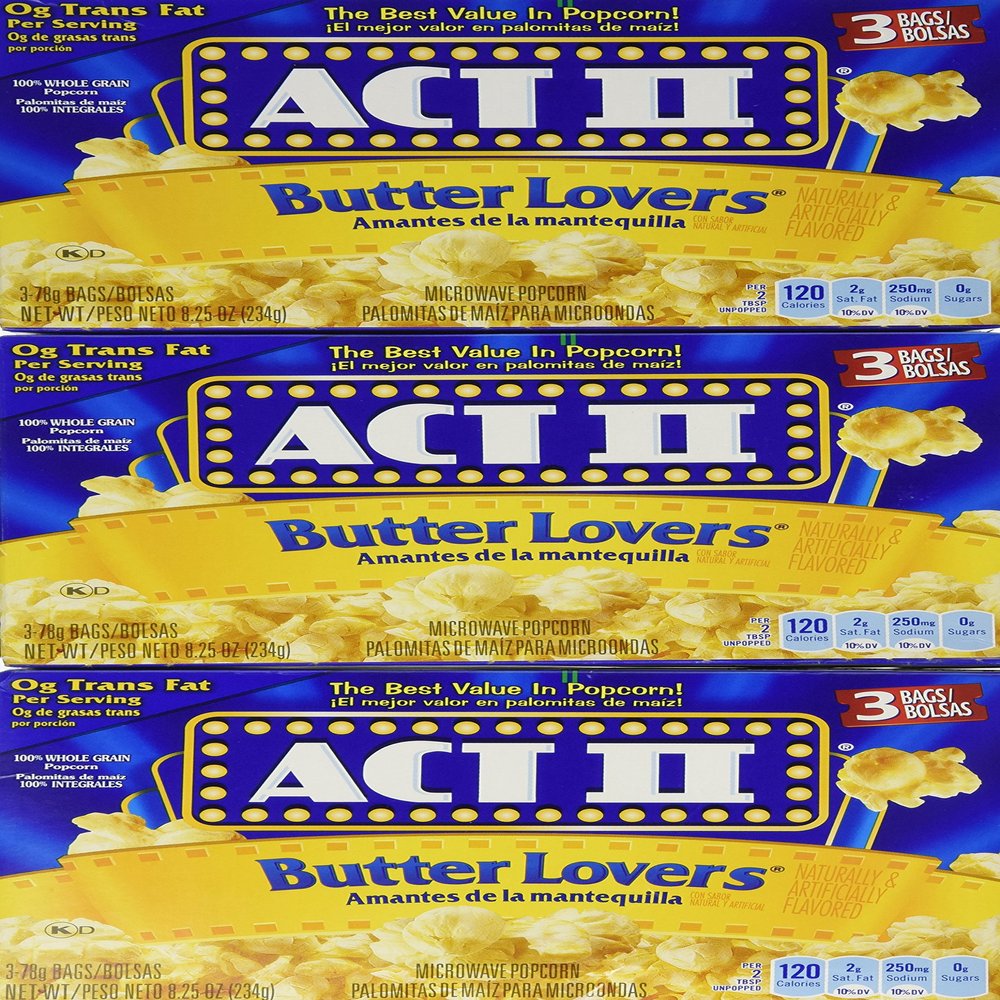 Act II, Butter Lovers, Microwavable Popcorn, 3 Count, 8.25oz Box (Pack of 3)