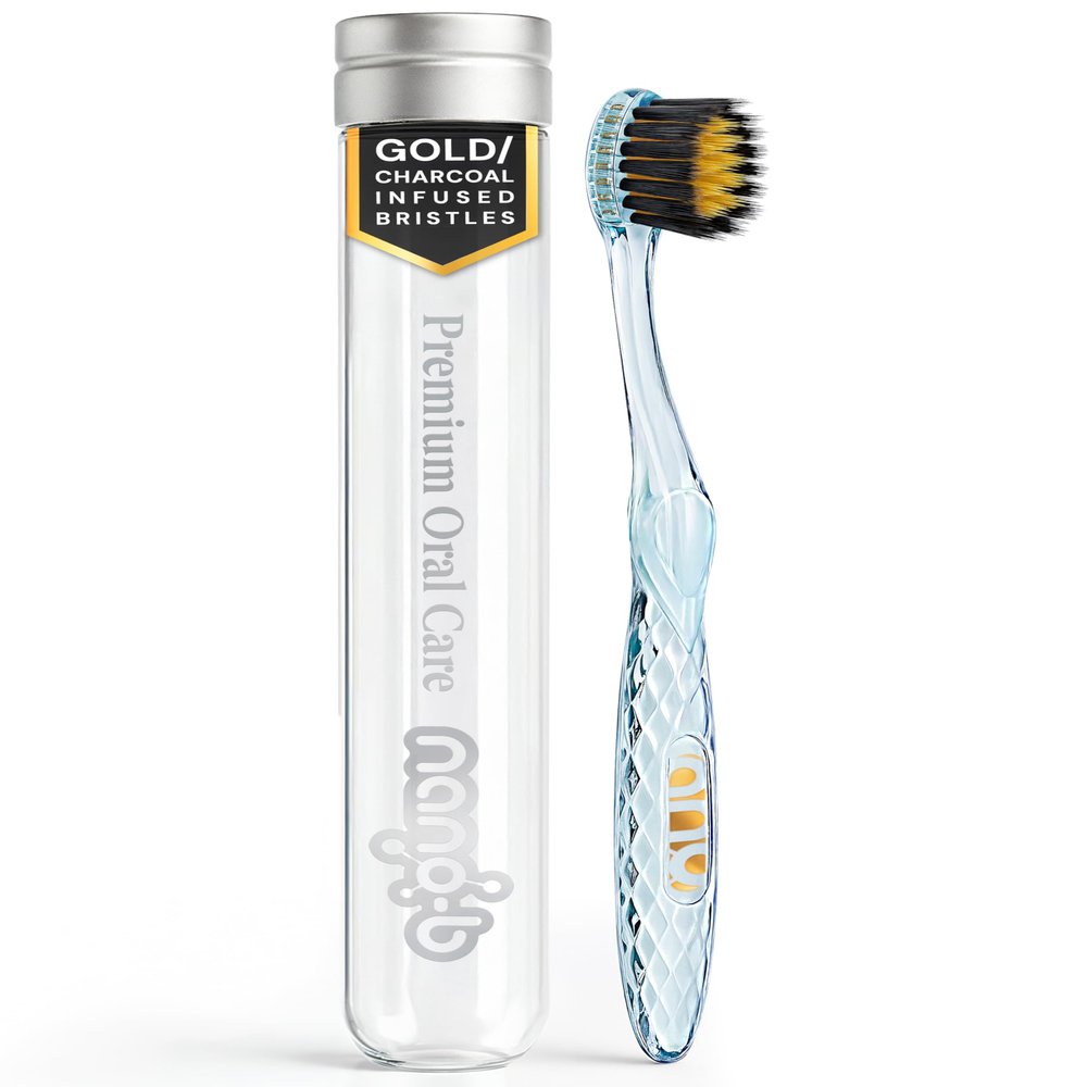 Nano-b Manual Toothbrush for Adults with Sensitive Gums, Gold & Charcoal Soft/Medium Bristles, Travel Case, Blue