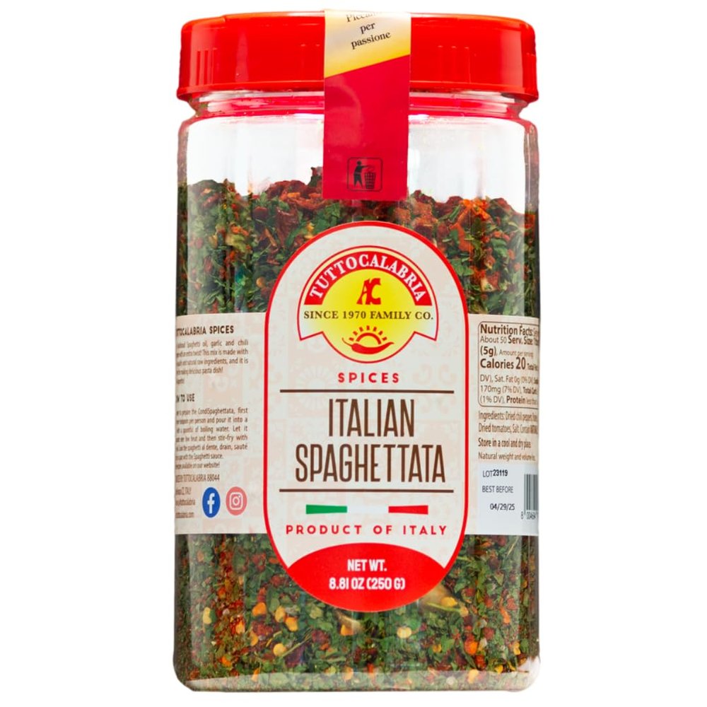 TUTTOCALABRIA Spaghetti Sauce Seasoning, Spicy Italian Spaghettata, Product of Italy, Add oil to pan, heat, mix in seasoning, and then toss with your favorite pasta, 250g