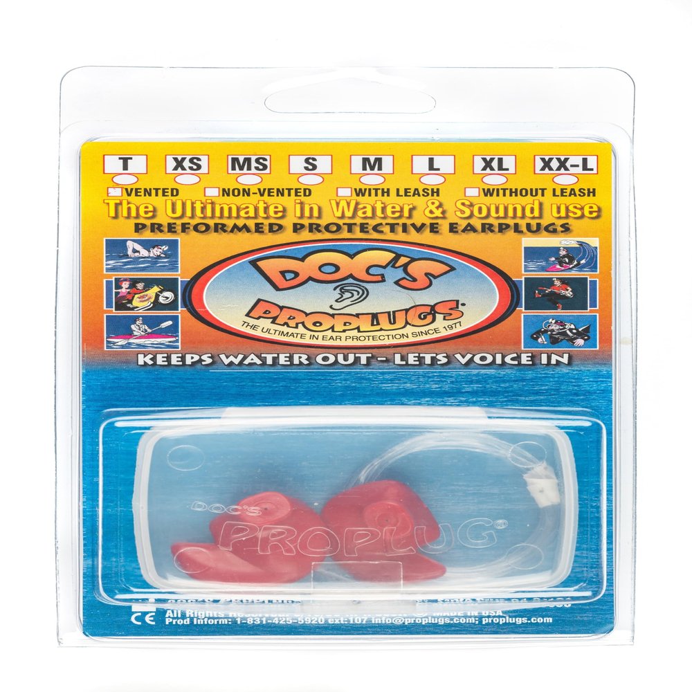 Medium  Vented Docs Proplugs  Red  LEASHED  Reusable Earplugs for Surfing, Swimming, Diving & Water Sports | Blocks Cold Water & Wind | Helps Equalize Pressure | Made in USA