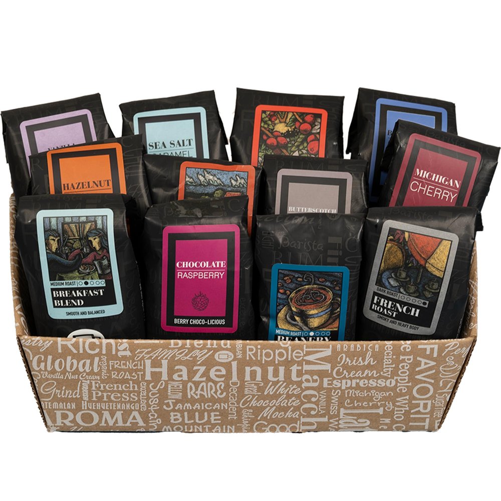 Indulgent Coffee Selection Gift Box | 100% Specialty Arabica Coffee | 12 Sample Bags of Medium Roast Ground Coffee