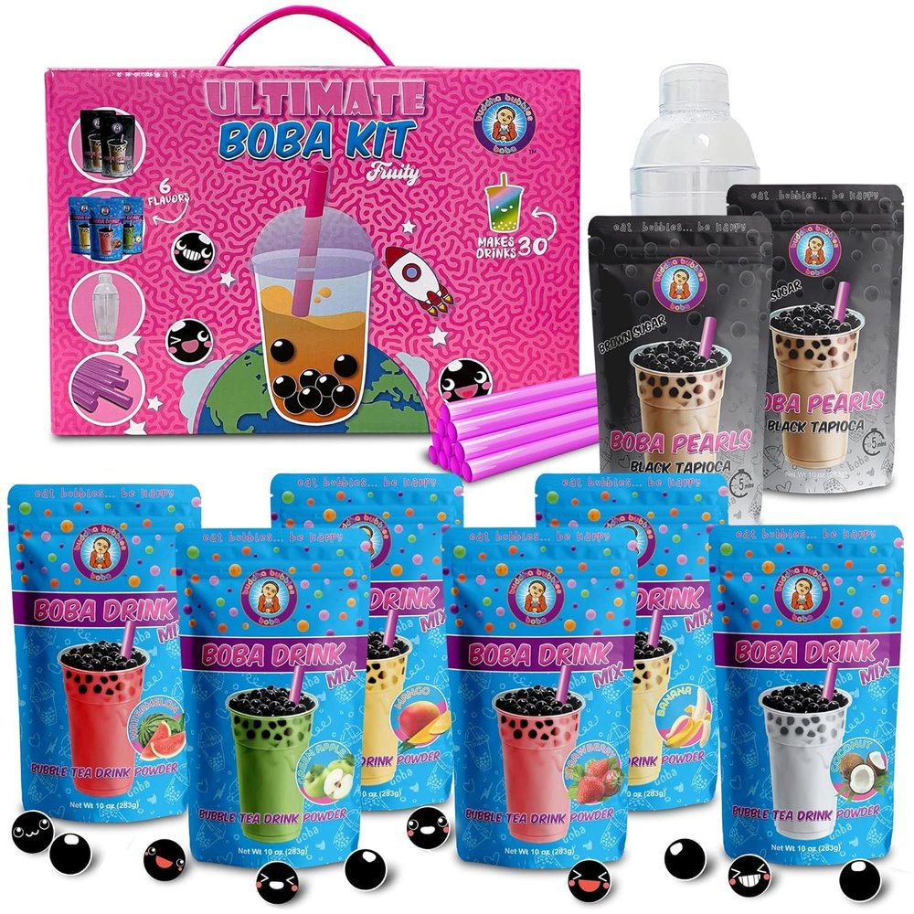 The Original Ultimate D.I.Y. Boba / Bubble Tea Kit Gift Box 6 Flavors, Boba Pearls, Straws and Shaker (FRUITY)