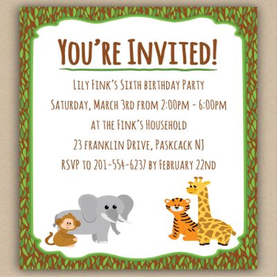 Personalized Jungle Invite Cards (30 Cards and Blank Envelopes)
