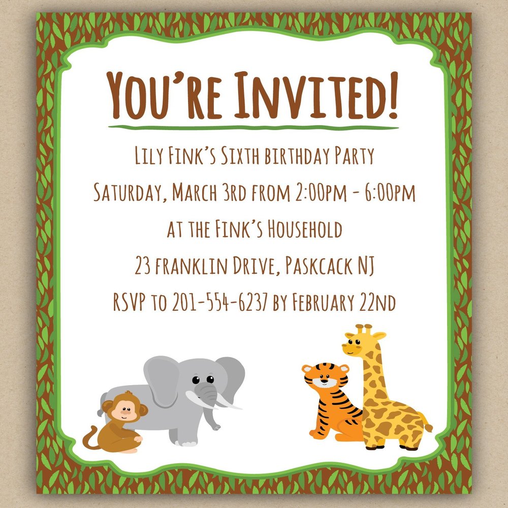 Personalized Jungle Invite Cards (30 Cards and Blank Envelopes)