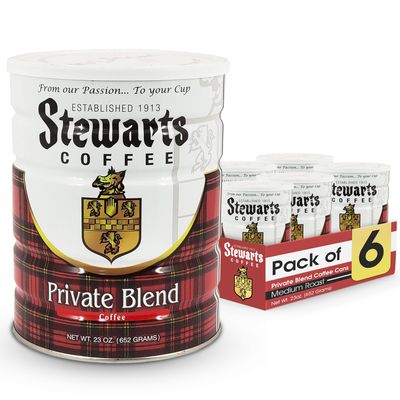 Stewarts Private Blend Medium Roast Ground Coffee - Classic Rich, Smooth & Full-Bodied Flavor Gourmet Coffee Grounds - Great for Hot, Cold Brew, Morning Breakfast, Cafe & More (23oz, Pack of 6 Cans)