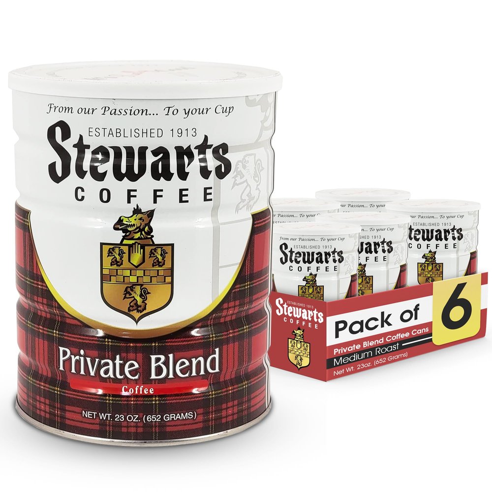 Stewarts Private Blend Medium Roast Ground Coffee - Classic Rich, Smooth & Full-Bodied Flavor Gourmet Coffee Grounds - Great for Hot, Cold Brew, Morning Breakfast, Cafe & More (23oz, Pack of 6 Cans)