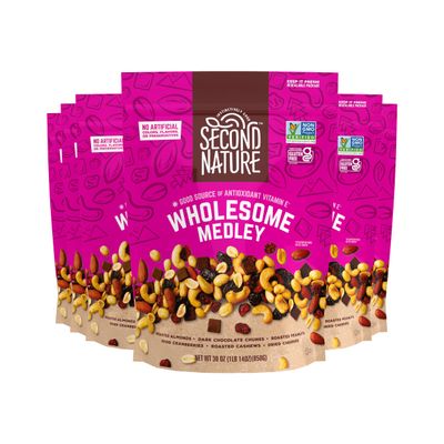 Second Nature Wholesome Medley Trail Mix - 30 oz Resealable Snack Pouches (Pack of 6), Certified Gluten-Free Snack  Dark Chocolate, Dried Fruit and Nut Trail Mix, Ideal for Travel Snacks