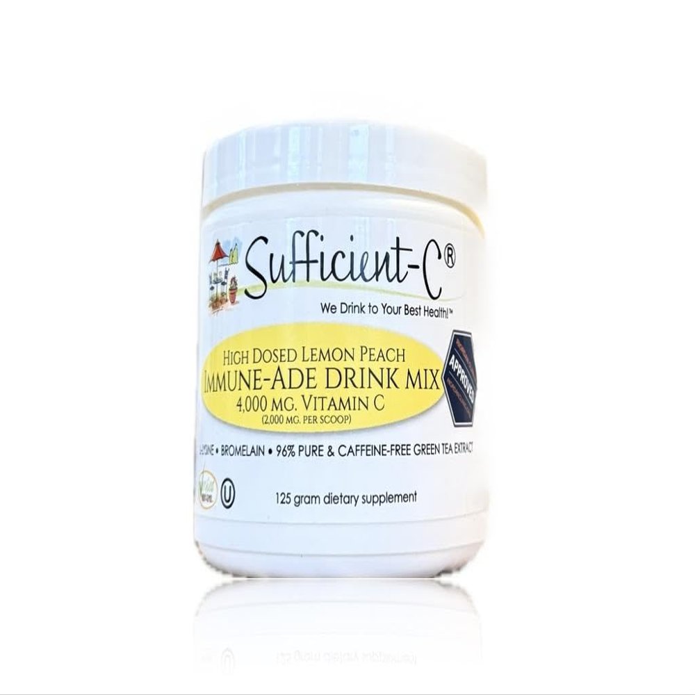 Sufficient-C High Dose Non-GMO Vitamin C Lemon Peach Immune-Ade Drink Mix, Convenient 125 Gram Size w/L-lysine, Bromelain & a Premium 96% Pure Green Tea Extract - Stomach Friendly, Adrenal Supportive