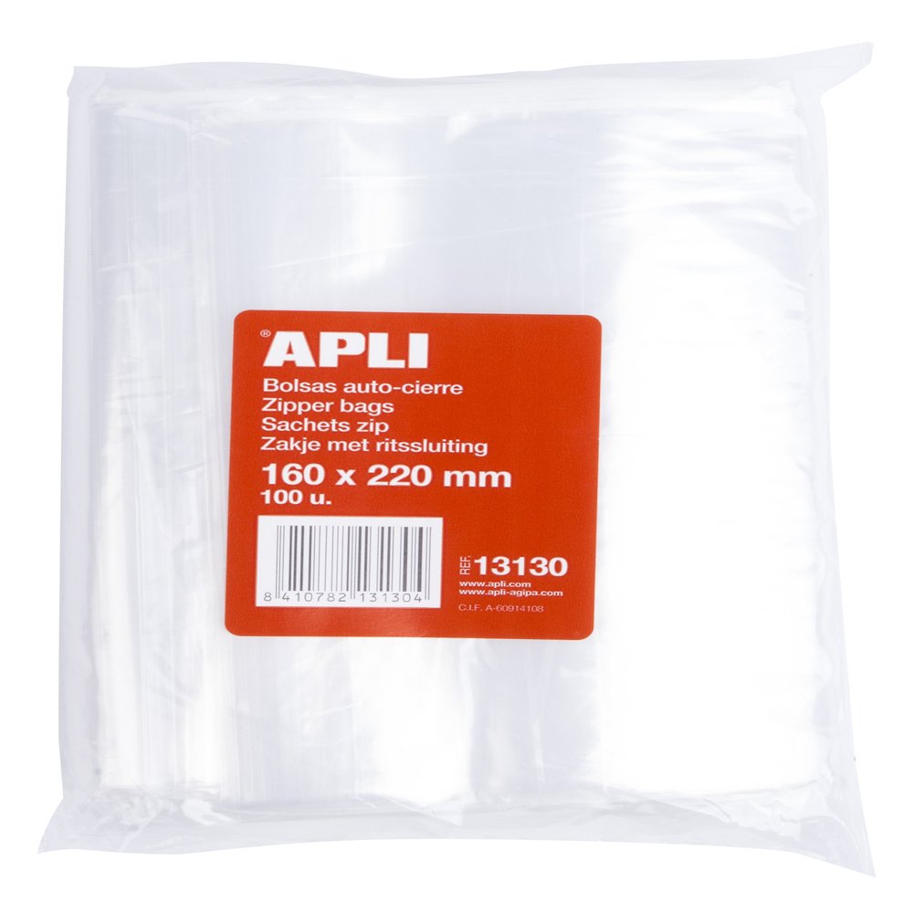 APLI 13130 Cellophane Self Seal Bags, Pack of 100, 160 x 220 mm