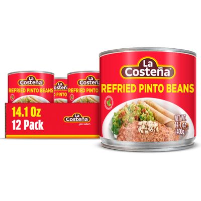 La Costea Refried Pinto Beans - Ready-to-Eat Canned Refried Beans for Mexican Food, Mexican Rice, Nacho Bean Dip, Bean Burrito, Carne Asada, Fajita & Taco Seasoning - 14.1oz, 12 Pack Canned Food