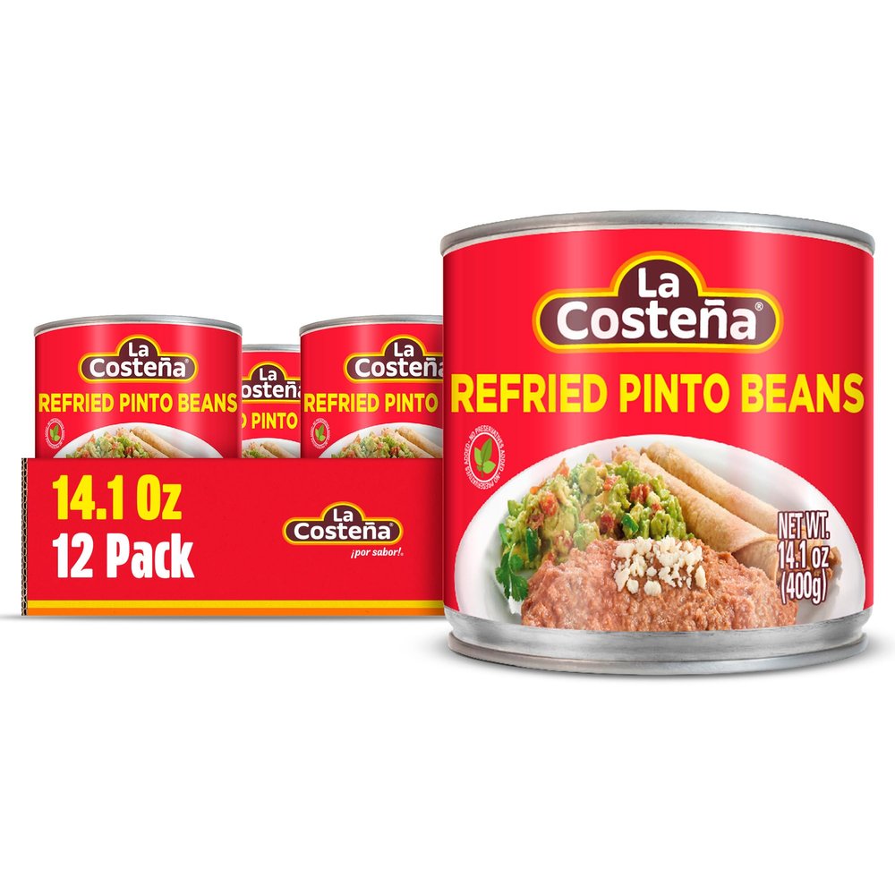 La Costea Refried Pinto Beans - Ready-to-Eat Canned Refried Beans for Mexican Food, Mexican Rice, Nacho Bean Dip, Bean Burrito, Carne Asada, Fajita & Taco Seasoning - 14.1oz, 12 Pack Canned Food