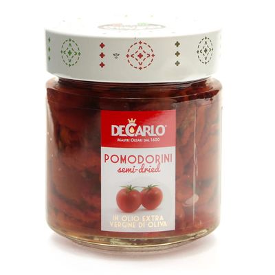 De Carlo. Semi-Dried "Sun Kissed" Cherry Tomatoes in Extra Virgin Olive Oil. 200g (7.05oz).