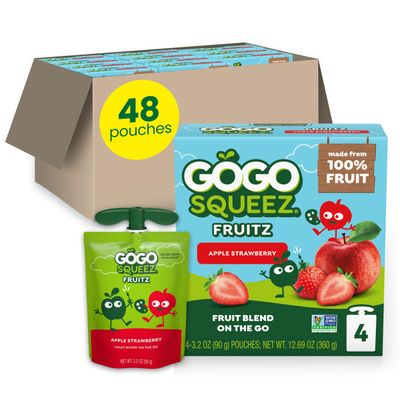 GoGo squeeZ Applesauce and Fruit Puree, Apple Strawberry, 3.2 oz (Pack of 48), Unsweetened Fruit Snacks for Kids, Gluten Free, Nut Free, Recloseable Cap, BPA Free Pouches (Packaging May Vary)