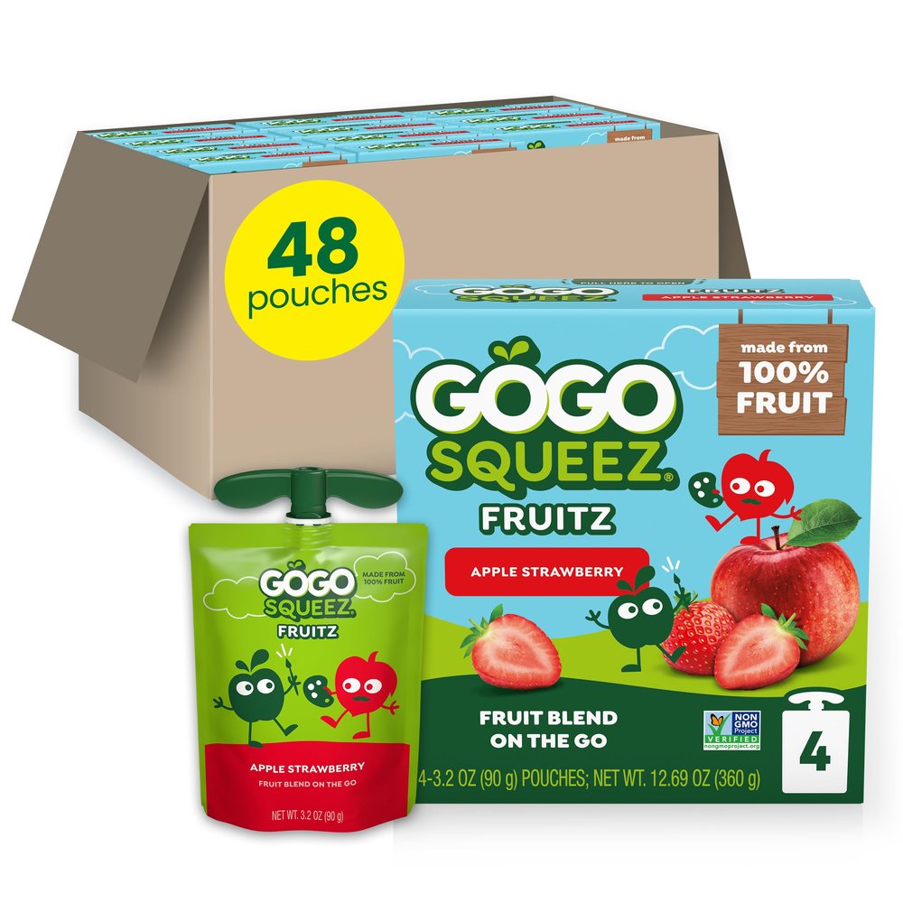 GoGo squeeZ Applesauce and Fruit Puree, Apple Strawberry, 3.2 oz (Pack of 48), Unsweetened Fruit Snacks for Kids, Gluten Free, Nut Free, Recloseable Cap, BPA Free Pouches (Packaging May Vary)