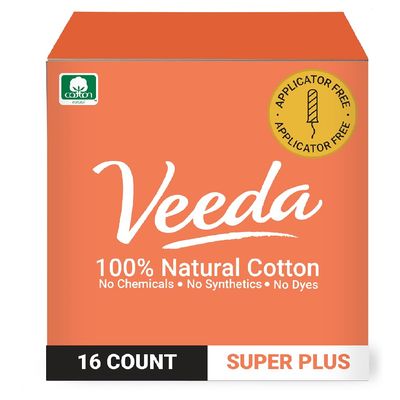 Veeda 100% Natural Cotton Tampons Super Plus Absorbency - Non-Applicator Tampons with leak proof protection - Unscented & Toxin Free - 16 Count