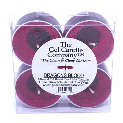 4 Pack of Dragons Blood Scented Gel Candle Mineral Oil Based Tea Lights Hand Poured in USA by The Gel Candle CompanyTM - up to 8 Hours Each