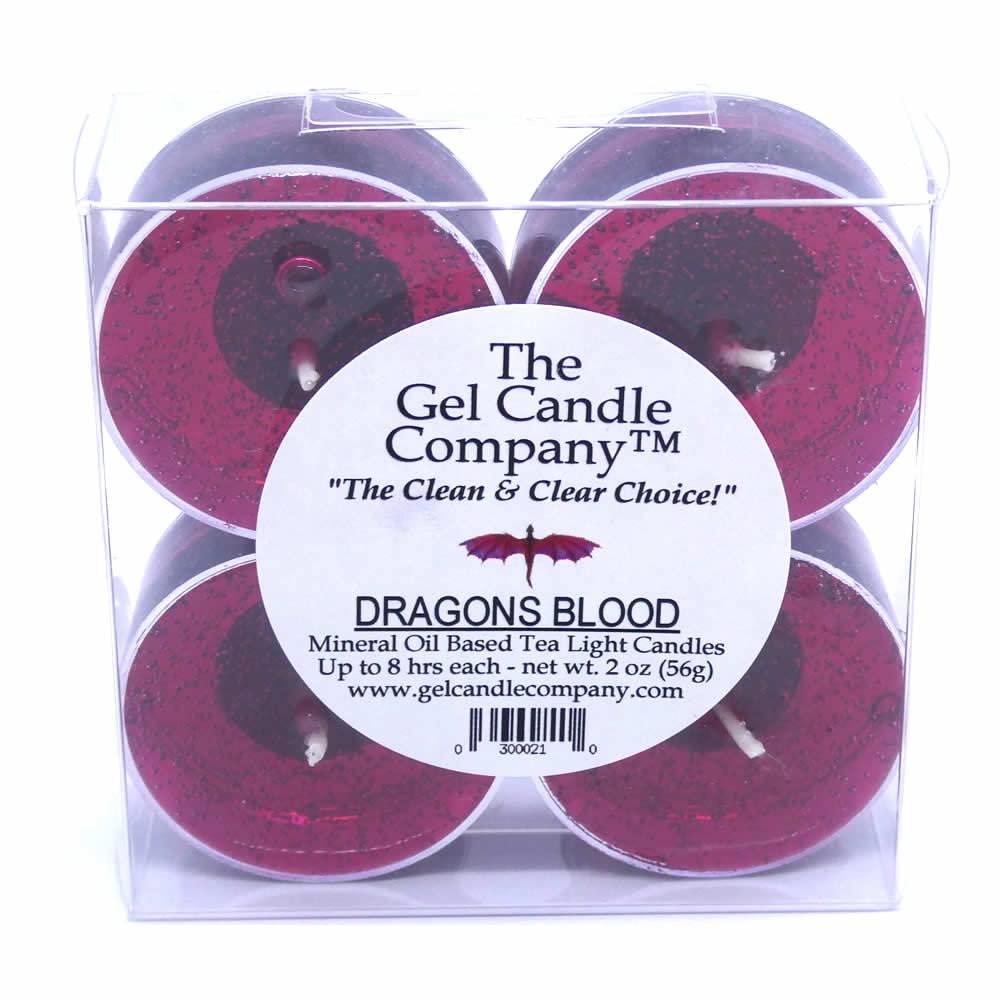 4 Pack of Dragons Blood Scented Gel Candle Mineral Oil Based Tea Lights Hand Poured in USA by The Gel Candle CompanyTM - up to 8 Hours Each 