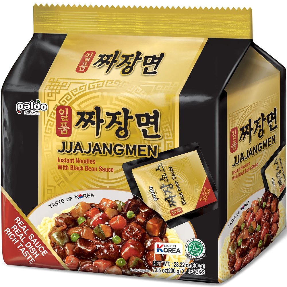 Paldo Fun & Yum Ilpoom Jjajangmen Noodles, Traditional Korean Black Bean Sauce Ramen, Savory & Sweet Chajang Flavor, Oriental Style Soupless Ramyun, 7.05oz (7.05 Ounce (Pack of 4))