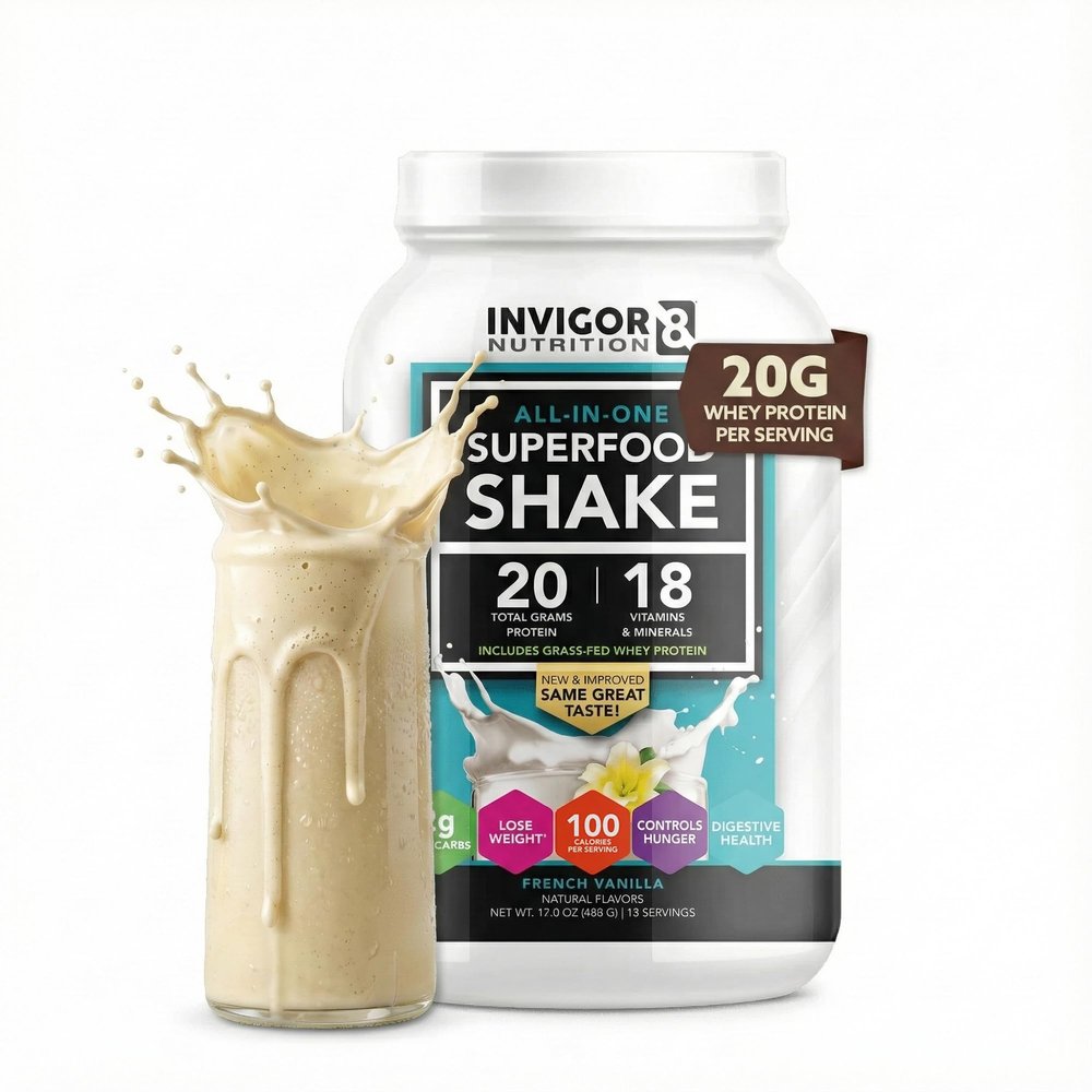 INVIGOR8 Superfood Grass Fed Whey Protein Isolate Shake French Vanilla Gluten-Free and Non GMO Meal Replacement with Probiotics and Omega 3 (483g)