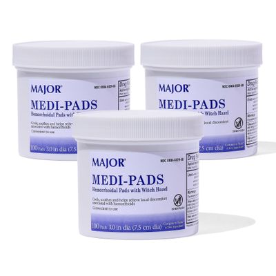 MAJOR Medi-Pads - Hemorrhoidal Hygienic Cleansing Witch Hazel Pads - Cooling Relief with Aloe - 100 Count Jar (3 Pack)