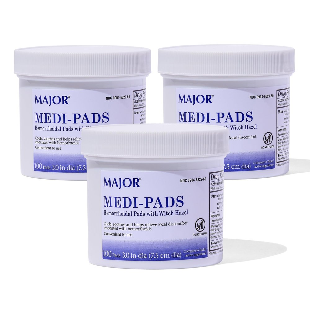 MAJOR Medi-Pads - Hemorrhoidal Hygienic Cleansing Witch Hazel Pads - Cooling Relief with Aloe - 100 Count Jar (3 Pack)