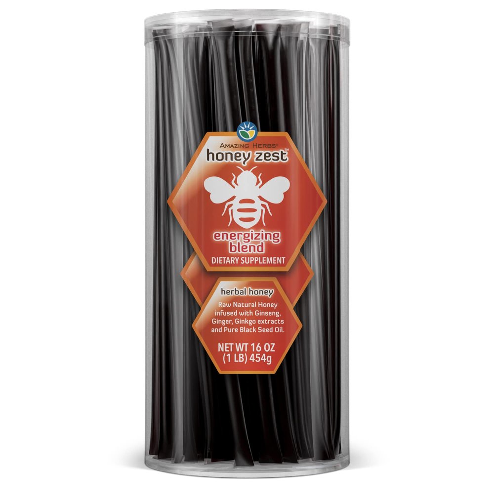 Amazing Herbs Raw Natural Honey - Herbal Honey Infused with Ginseng, Ginger, Ginkgo Extracts & Pure Black Seed Oil, Non GMO, Gluten Free Immune Booster - Honeyzest Energizing Straws, 100 Count