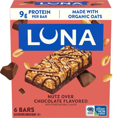 LUNA Bar - Nutz Over Chocolate Flavor - Gluten Free Snack Bars - Non-GMO - Protein Bars - Made with Organic Oats (6 Pack)