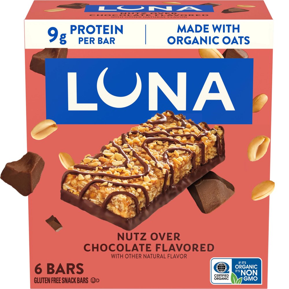 LUNA Bar - Nutz Over Chocolate Flavor - Gluten Free Snack Bars - Non-GMO - Protein Bars - Made with Organic Oats (6 Pack)