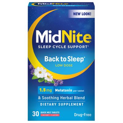 MidNite Back to Sleep Low Dose, 1.5 mg Melatonin Sleep Aid, Non-Habit Forming, Herbal Dietary Supplement for Adults, Drug-Free, Gluten-Free, Lactose-Free, Vegetarian, Vegan, 30 Quick Melt Tablets