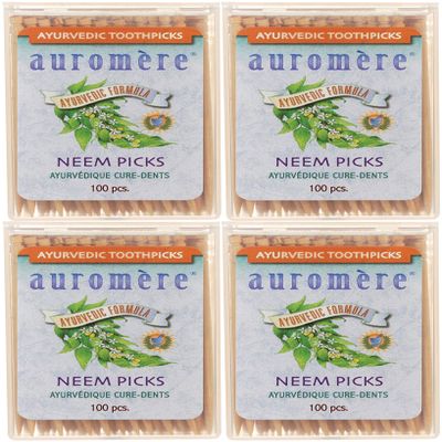 Auromere Ayurvedic Neem Toothpicks - Vegan, Natural, Non GMO, Made from Birchwood (100 Count), 4 Pack