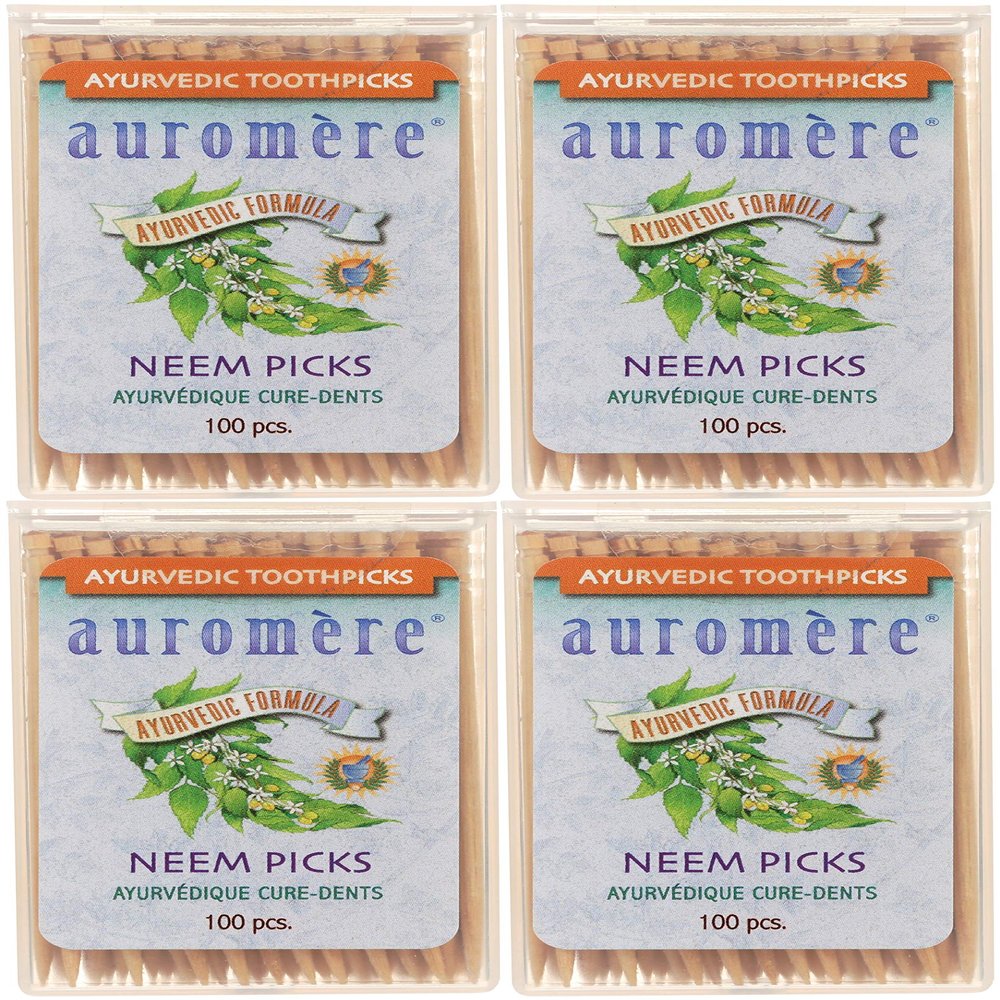 Auromere Ayurvedic Neem Toothpicks - Vegan, Natural, Non GMO, Made from Birchwood (100 Count), 4 Pack
