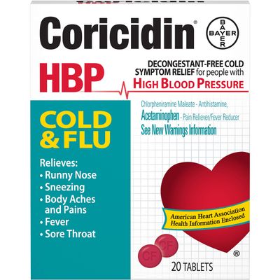 Coricidin HBP Cold & Flu Tablets, 20 ea (Pack of 4)