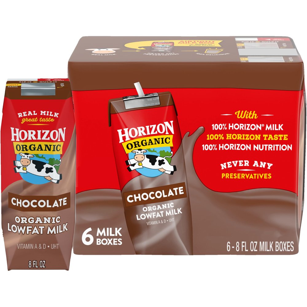 Horizon Organic Shelf Stable 1% Lowfat Chocolate Milk Boxes, 8 fl oz, 6 Count - 8g Protein per Serving, USDA Organic UHT from Pasture-Raised Cows, Ready to Drink for Lunchbox, Travel, or On-the-Go, No Refrigeration Needed