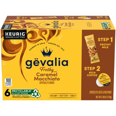 Gevalia Espresso Coffee Cups and Froth Packets, Caramel Macchiato, 6 Count